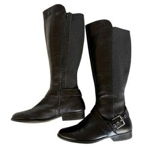 Liz Claiborne Black Leather Nicole Buckle Knee-High Riding Boots Stretch Sz 8.5M